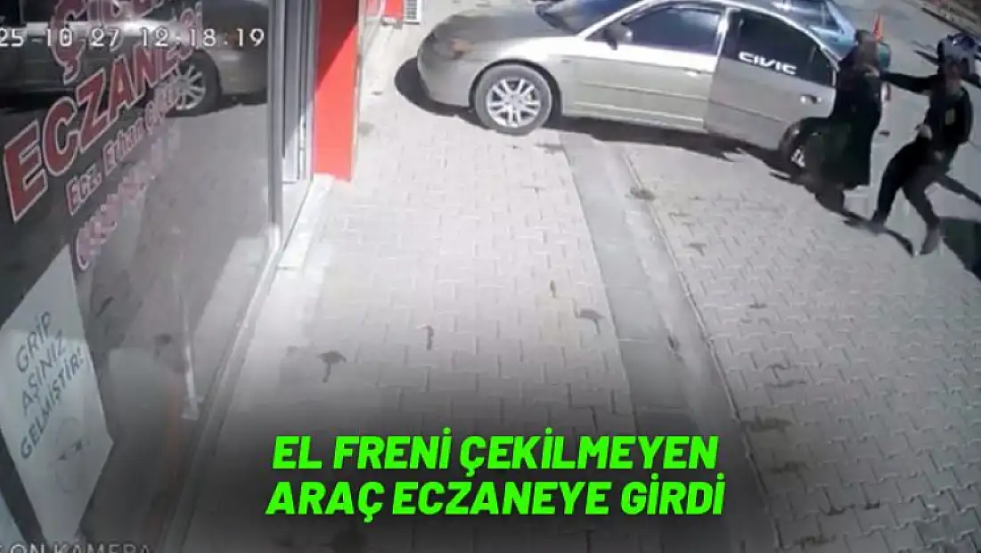 El freni çekilmeyen araç eczaneye girdi