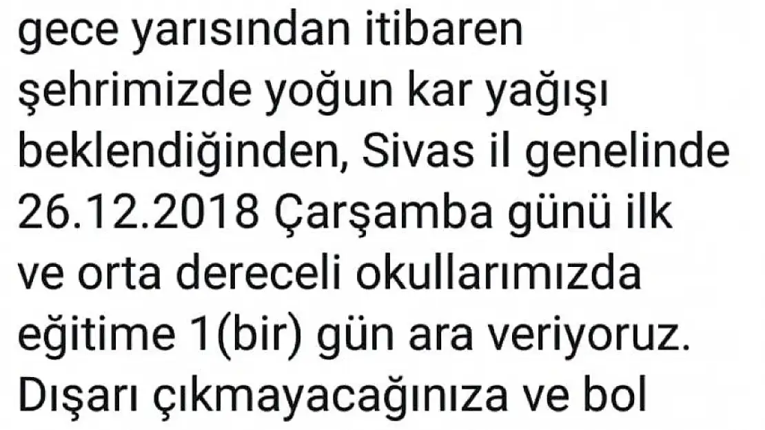 'Sivas´ta kar uyarısı okulları tatil ettirdi'