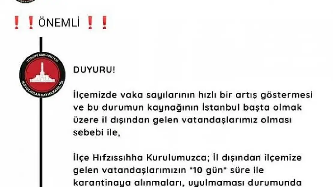 'Bu ilçeye gelen 10 gün karantinada kalacak'