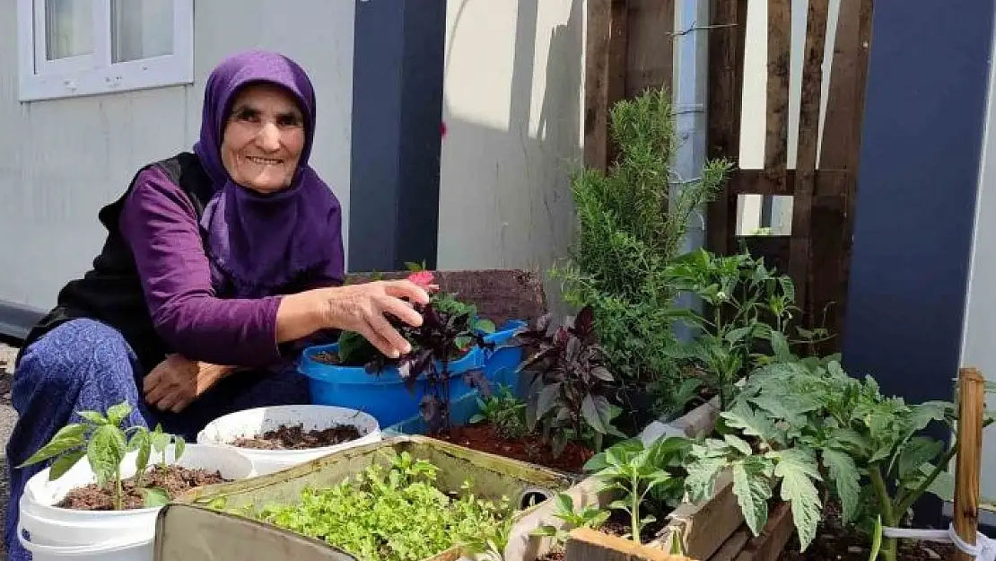 'Depremde evi yıkılan 76 yaşındaki Eşe teyze, konteynerin önüne bahçe yaptı'