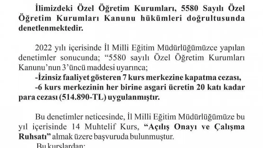 'Elazığ´da 7 kurs merkezine kapatma cezası verildi'