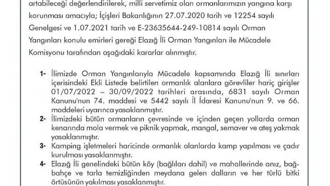 'Elazığ´da ormanlık alanlara girişler yasaklandı'