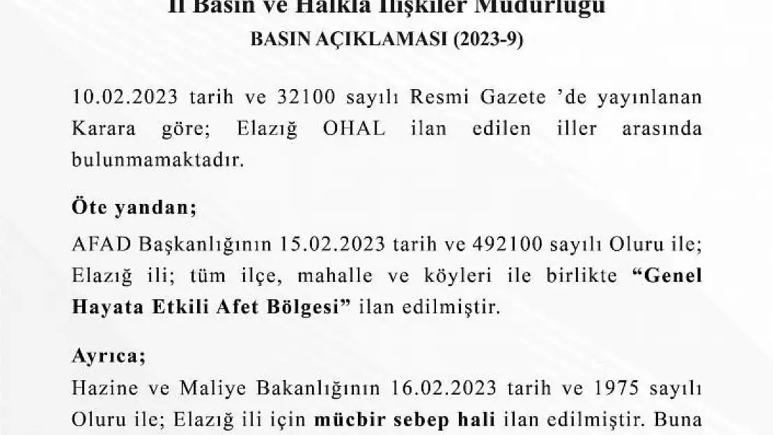 'Elazığ Valiliği´nden OHAL açıklaması'
