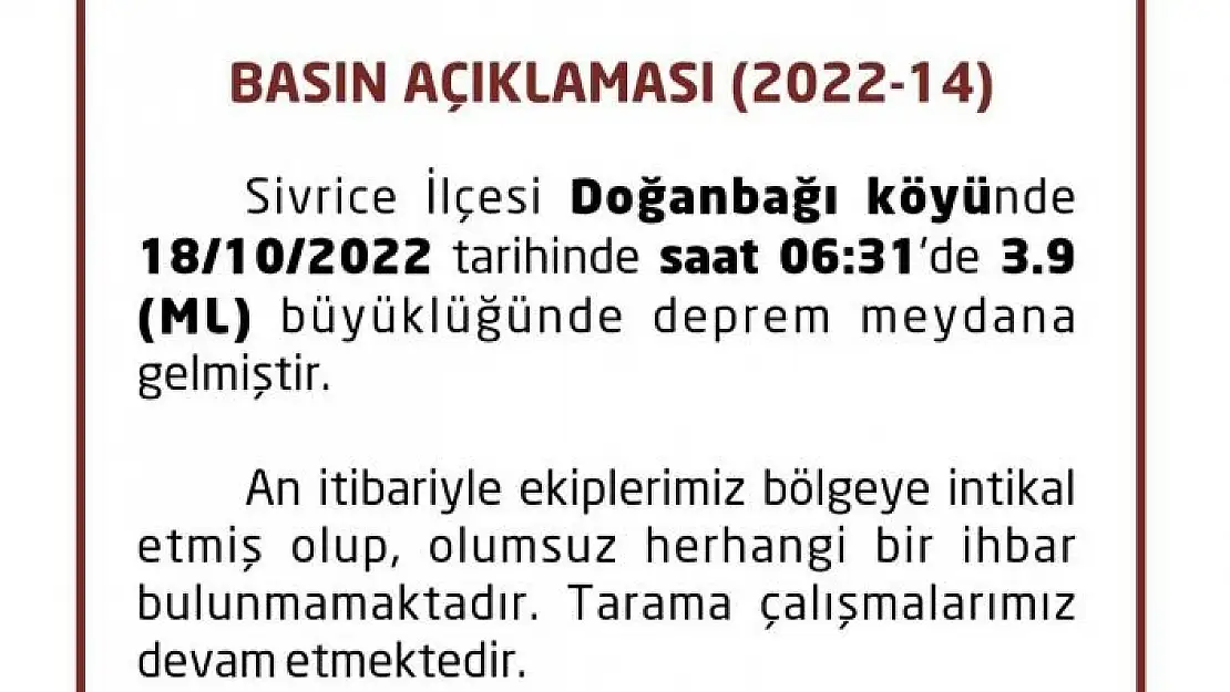 'Elazığ Valiliğinden deprem açıklaması, ''Olumsuz herhangi bir ihbar bulunmamaktadır'''