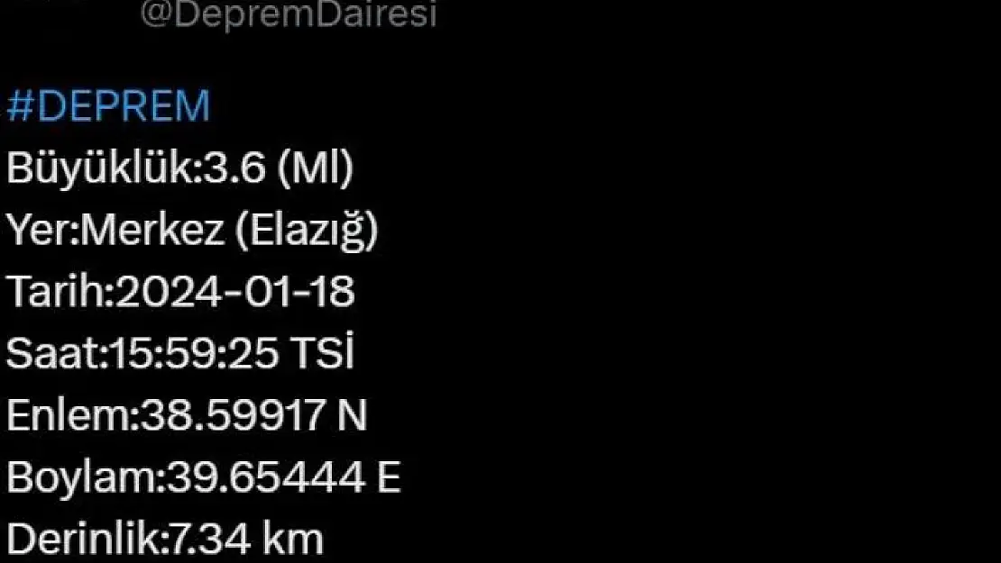 'Elazığda 3.6 büyüklüğünde deprem'