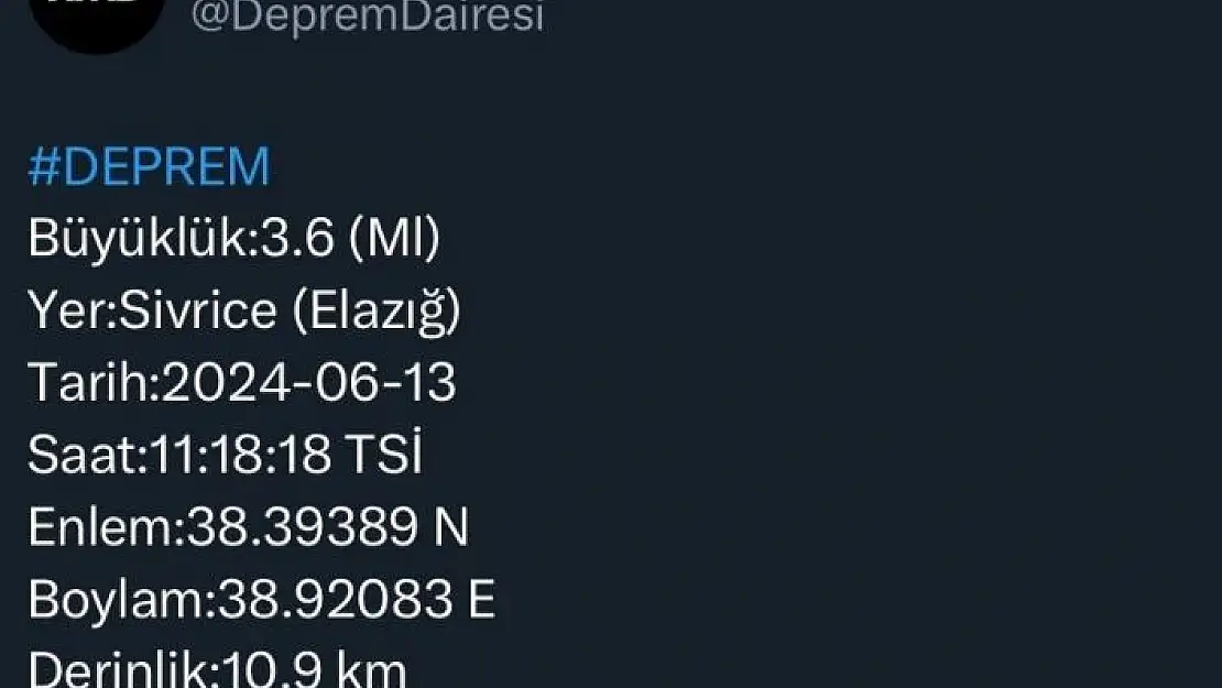 'Elazığda 3.6 büyüklüğünde deprem'