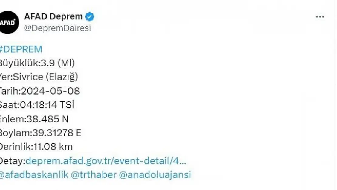 'Elazığda 3.9 büyüklüğünde deprem'