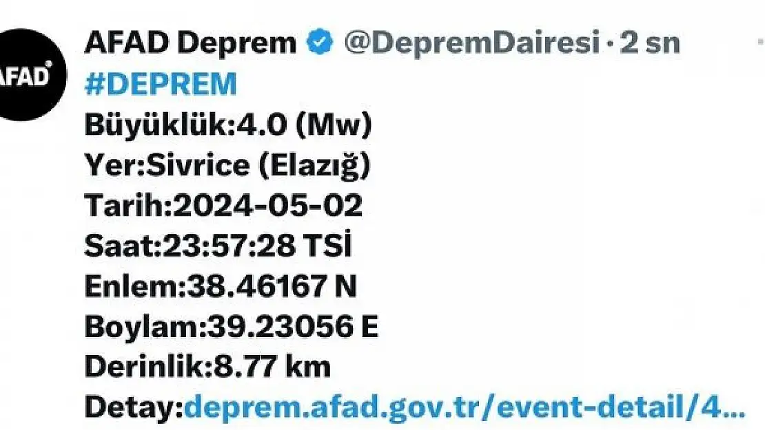 'Elazığda 4.0 büyüklüğünde deprem'