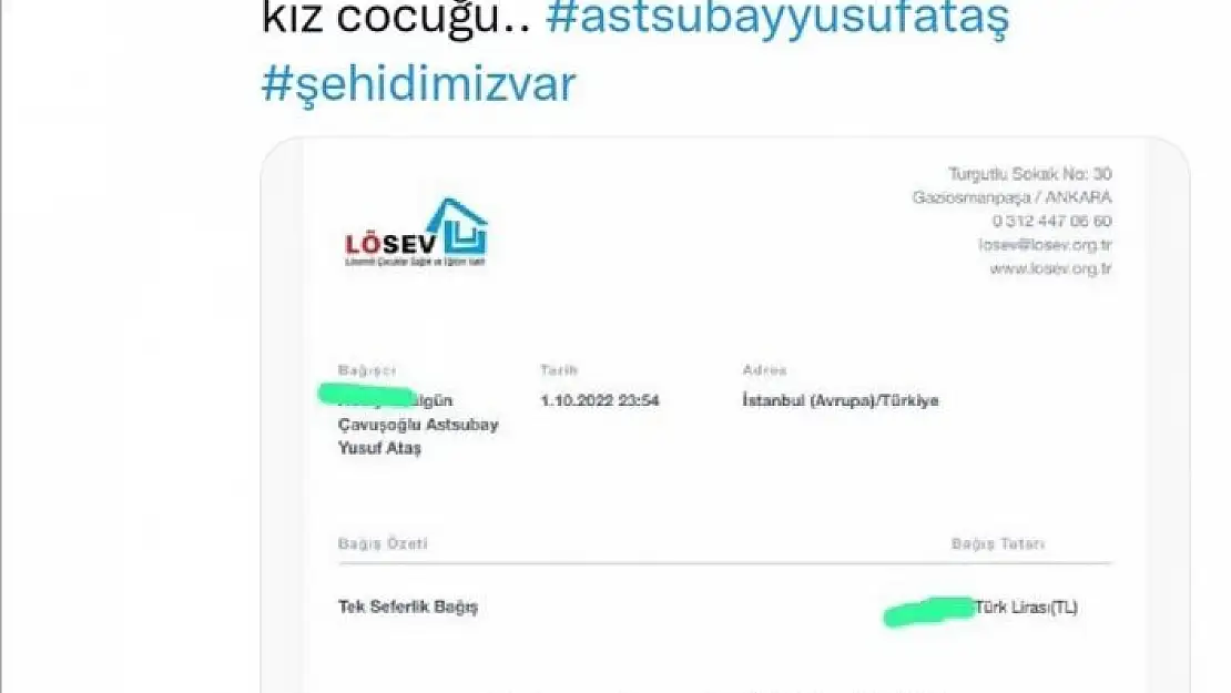 'Elazığlı şehidin vasiyeti üzerine LÖSEV´e bağış yağdı'