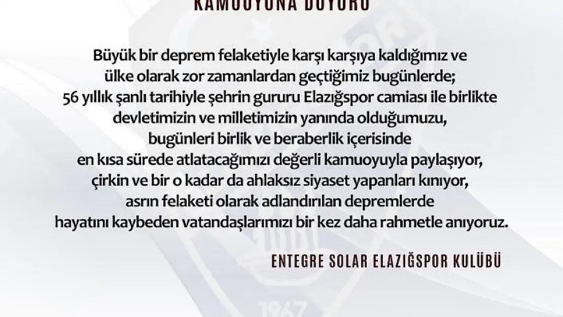 'Elazığspor: ´´Devletimizin ve milletimizin yanındayız´´'