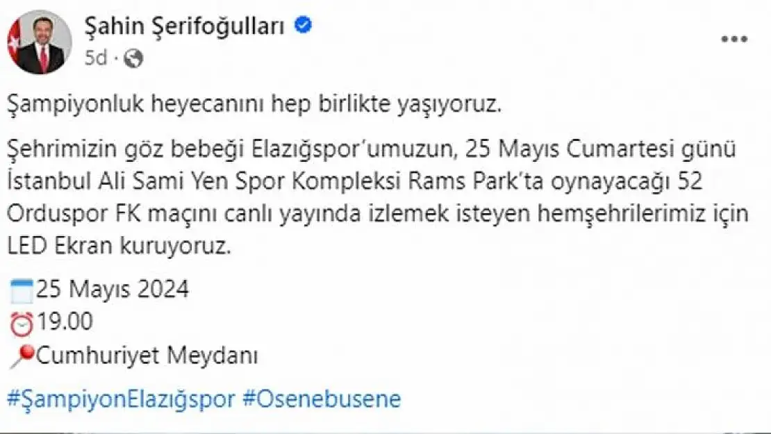 'Final maçı için Elazığda dev ekran kurulacak'