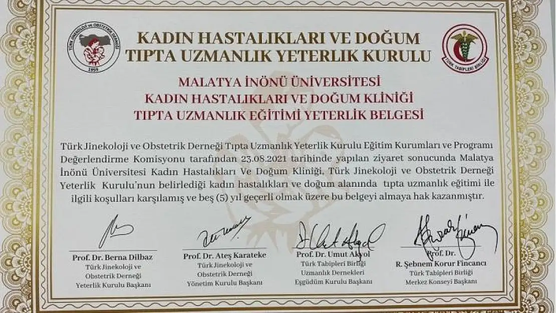 'İnönü Kadın Hastalıkları ve Doğum Kliniği´ne yeterlilik belgesi'