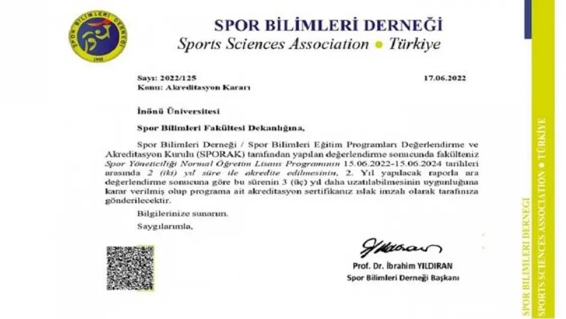 'İnönü üniversitesi Spor Yöneticiliği bölümü akredite edildi'