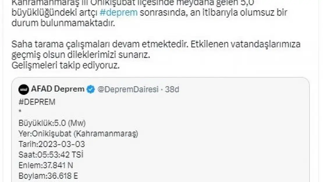 'Kahramanmaraş´ta 5.0 büyüklüğünde deprem meydana geldi'