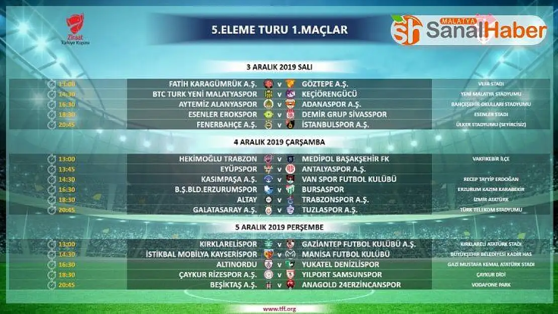 Yeni Malatyasporun Kupada 5. Tur programı belli oldu