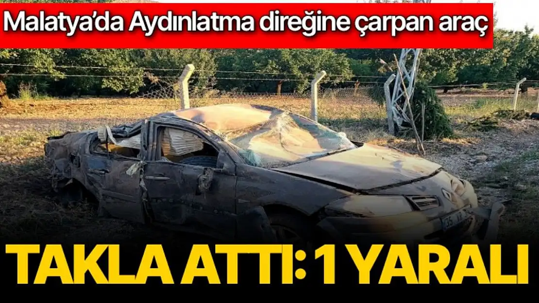 Malatya'da aydınlatma direğine çarpan araç takla attı