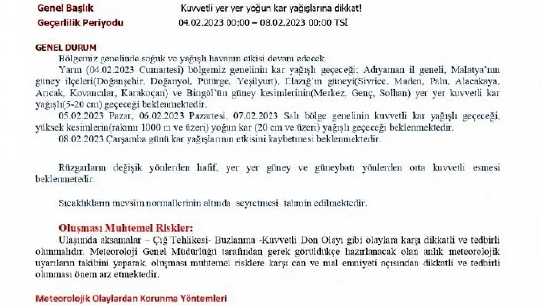 'Meteorolojiden Elazığ ve çevre illere uyarı'