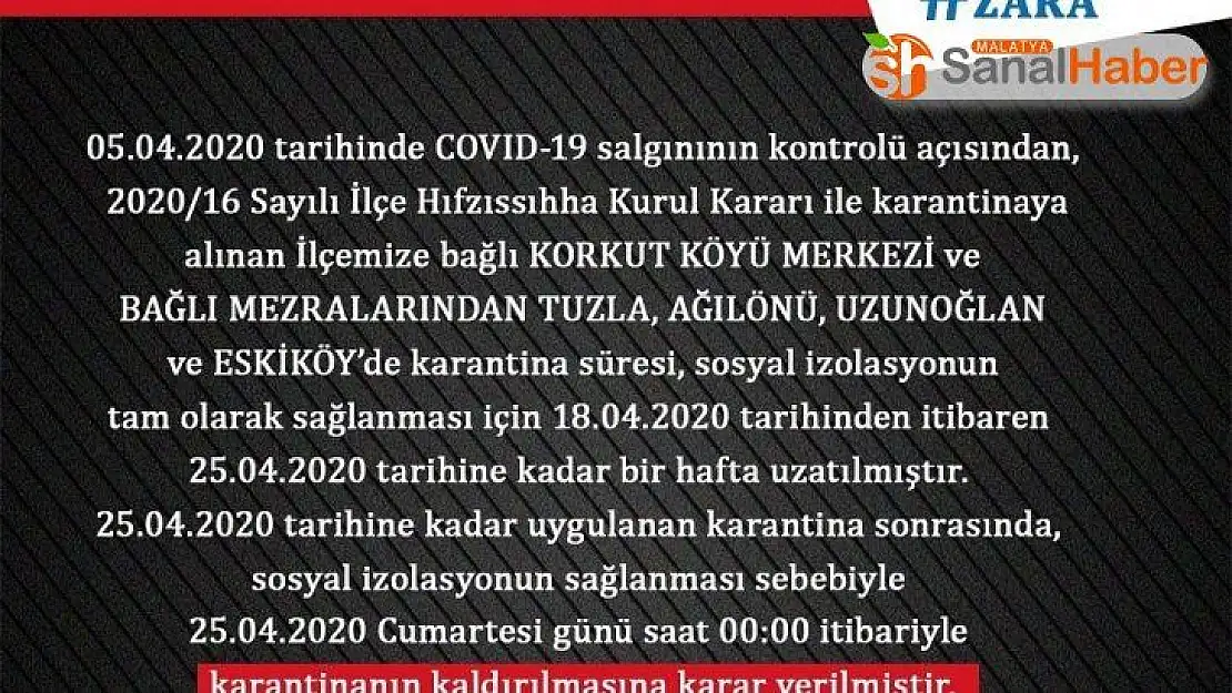 Sivas'ta 1 köy ve 4 mezranın korona karantinası kaldırıldı