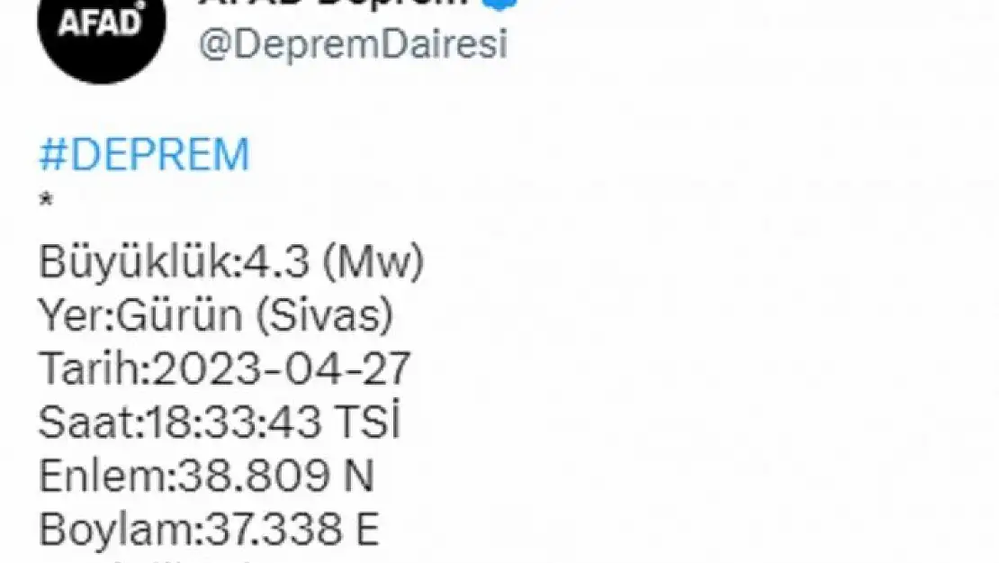 'Sivas´ta 4,3 büyüklüğünde deprem'