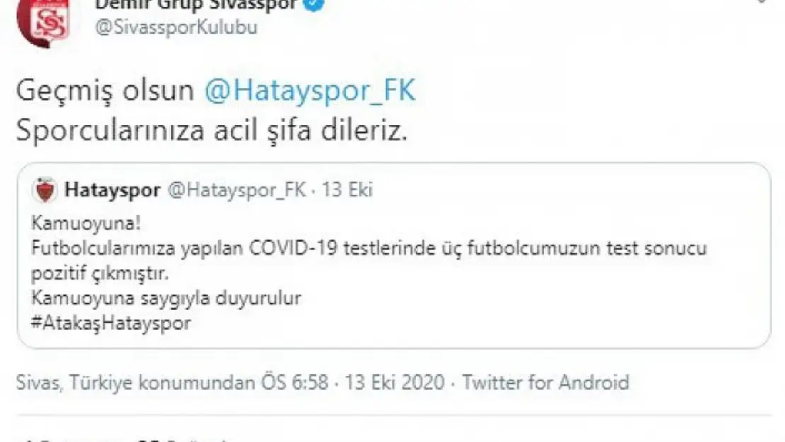 'Sivasspor´dan Hastayspor´a geçmiş olsun mesajı'