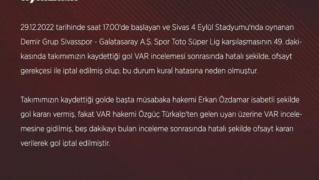 'Sivasspor, Galatasaray maçının tekrarı için TFF´ye başvurdu'