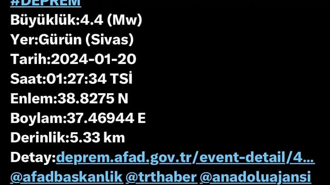 'Sivasta 4.4 büyüklüğünde deprem'