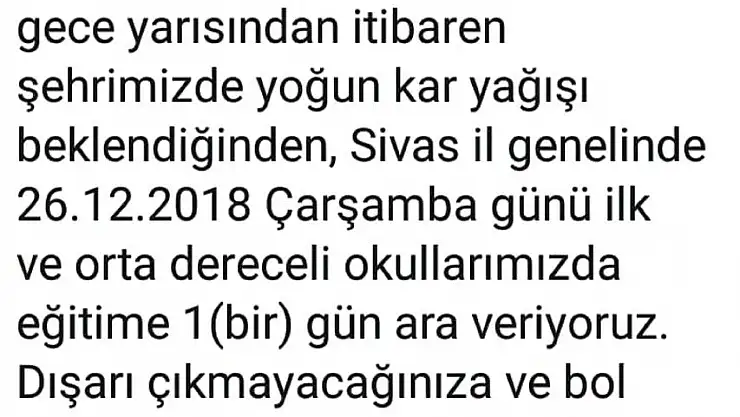 'Sivas´ta kar uyarısı okulları tatil ettirdi'