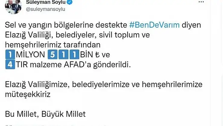 'Elazığ´dan sel ve yangın bölgelerine 1 milyon 511 bin lira destek'