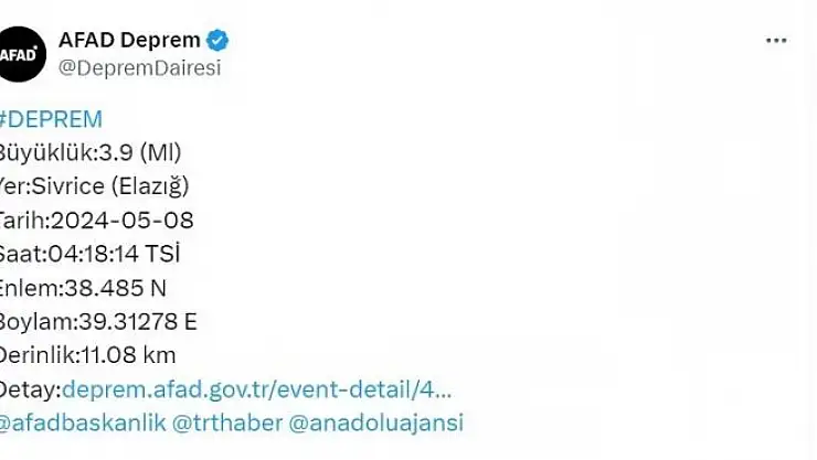 'Elazığda 3.9 büyüklüğünde deprem'
