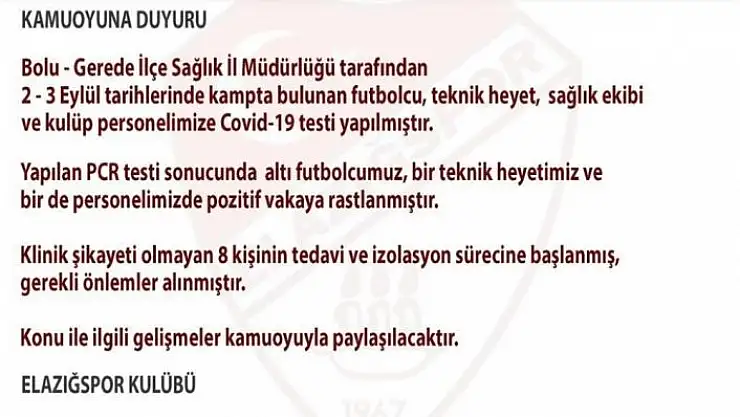 'Elazığspor´da 8 pozitif vaka'