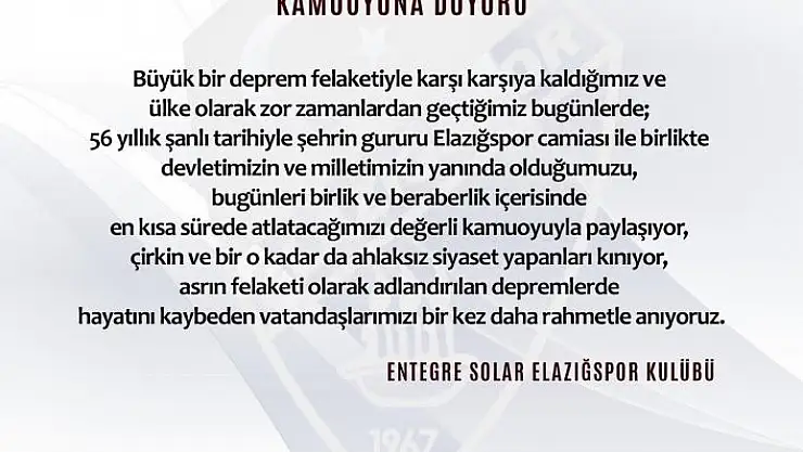 'Elazığspor: ´´Devletimizin ve milletimizin yanındayız´´'