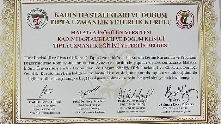 'İnönü Kadın Hastalıkları ve Doğum Kliniği´ne yeterlilik belgesi'