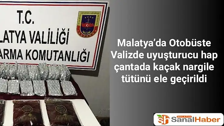 Malatya´da Otobüste Valizde uyuşturucu hap, çantada kaçak nargile tütünü ele geçirildi