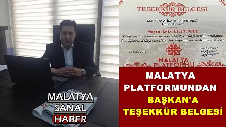 Malatya Platformundan Altunay'a Teşekkür Belgesi