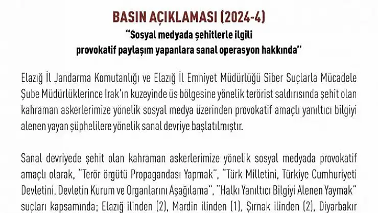 'Şehitler üzerinden provokatif paylaşım yapan 12 hesap tespit edildi, yasal işlem başlatıldı'