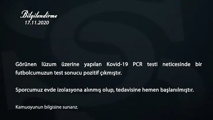 'Sivasspor´da 1 futbolcunun testi pozitif çıktı!'