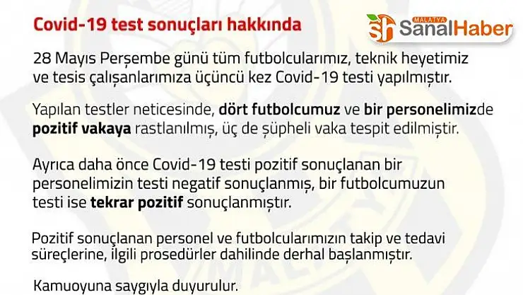 Yeni Malatyaspor'da 4 futbolcu ve 1 personel de korona virüs çıktı