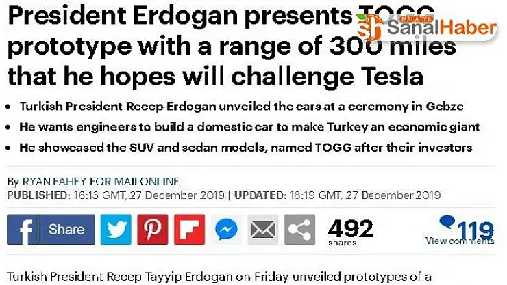 Yerli otomobil dış basında: 'Erdoğan, Tesla'ya meydan okumayı umuyor'