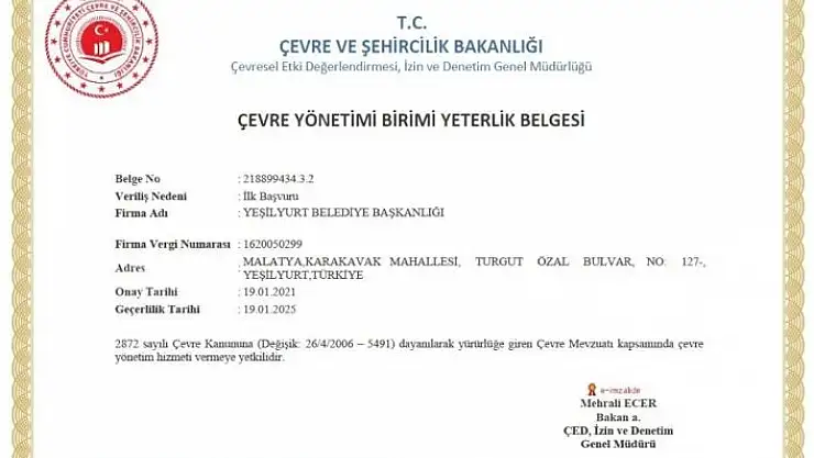 'Yeşilyurt Belediyesi, çevre yönetim yeterlilik belgesini aldı'